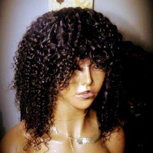 16'' kinky curly bang human hair full wig